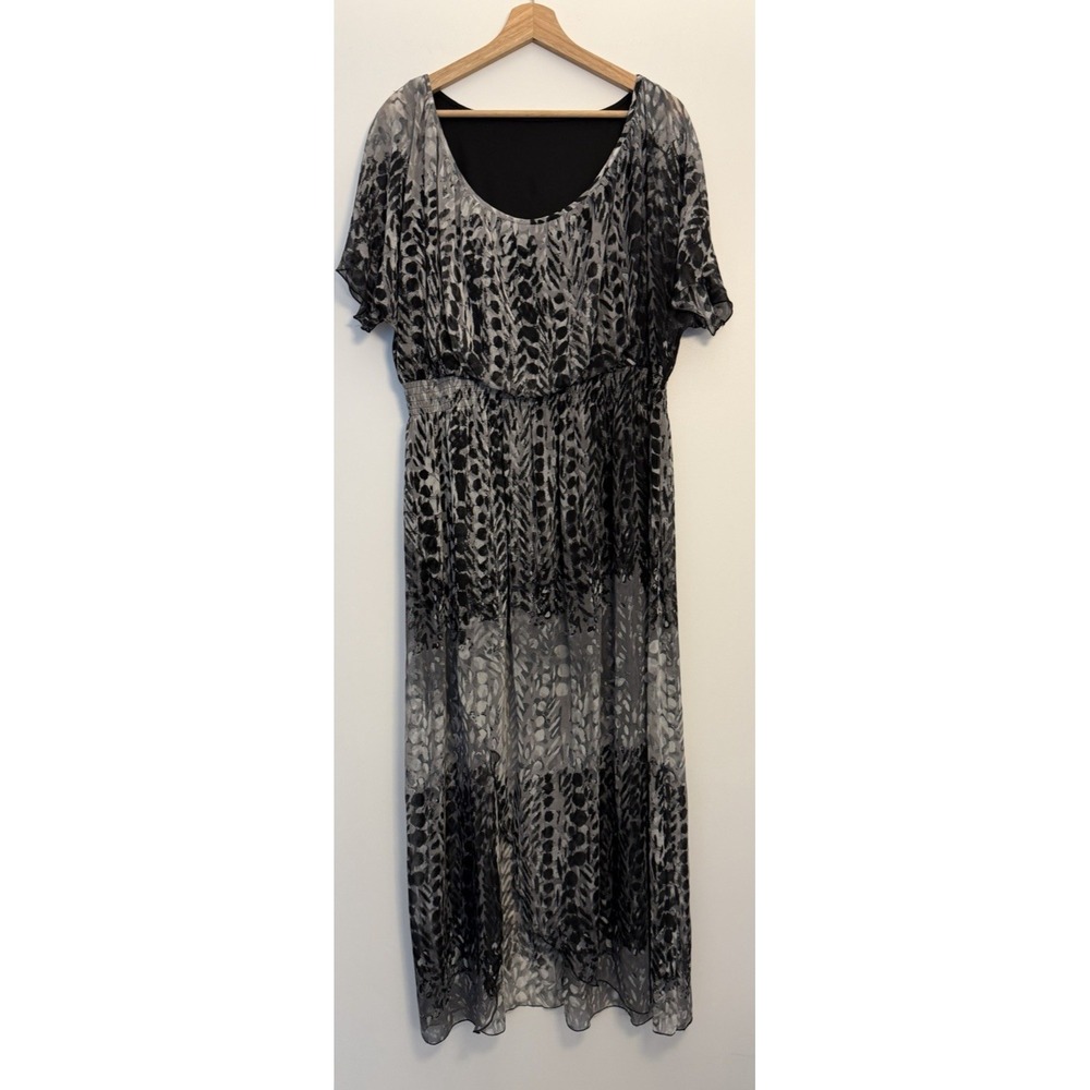 One World Women's 1X Abstract Print Gray Black Maxi Dress Lined Elastic Waist